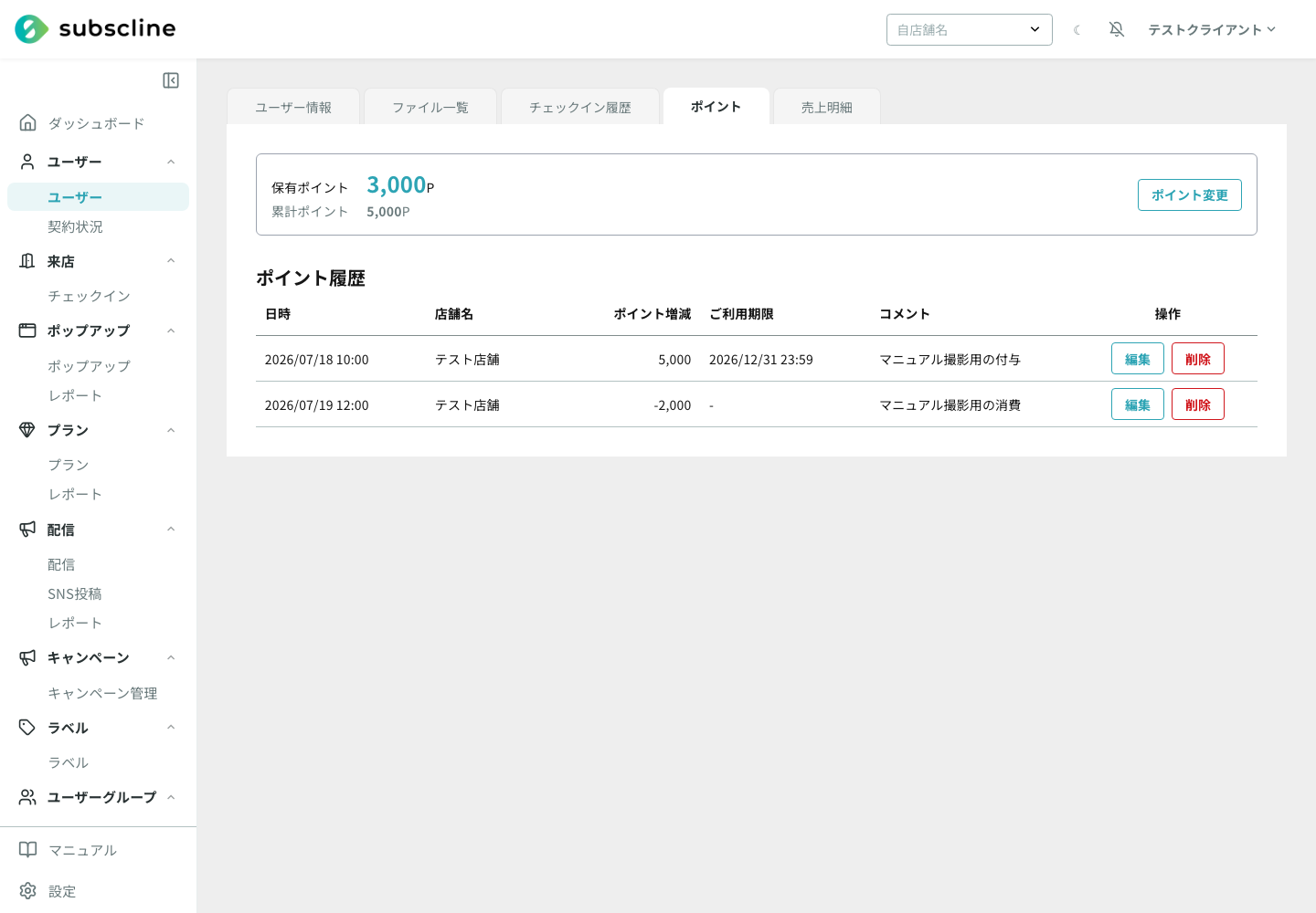 ポイントタブに表示された付与・消費履歴と、それぞれの編集・削除ボタン