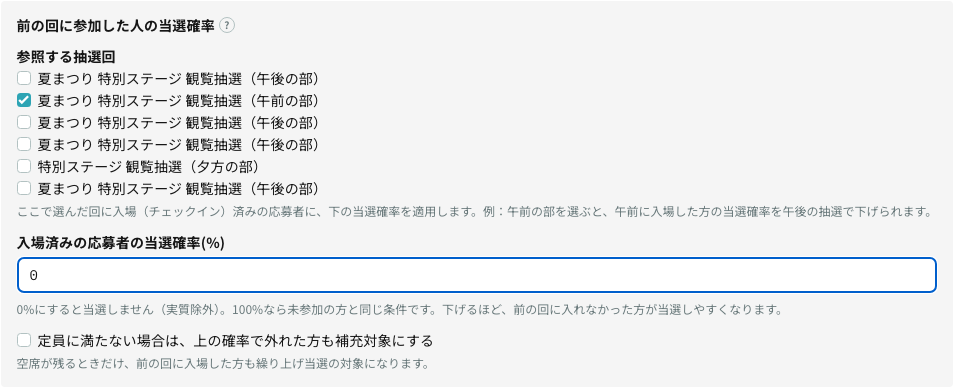 前の回に参加した人の当選確率の設定