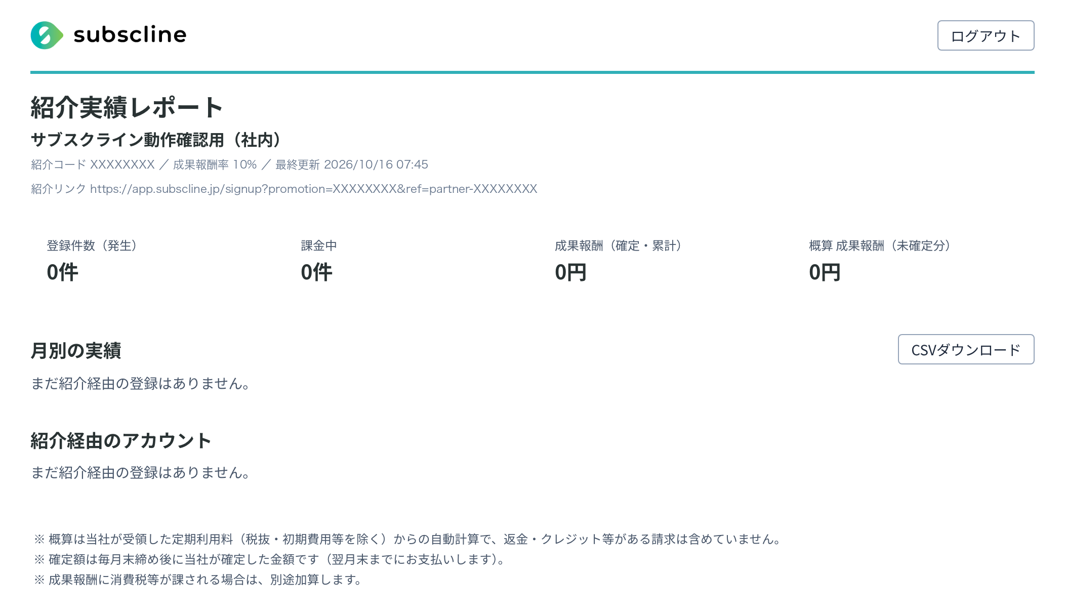 紹介実績レポート。上段に紹介コード・紹介リンク・件数と報酬の合計、下段に月別の実績と紹介経由のアカウント