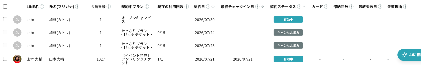 契約状況一覧の表。契約ステータス列に有効中・確認中などの状態が並ぶ