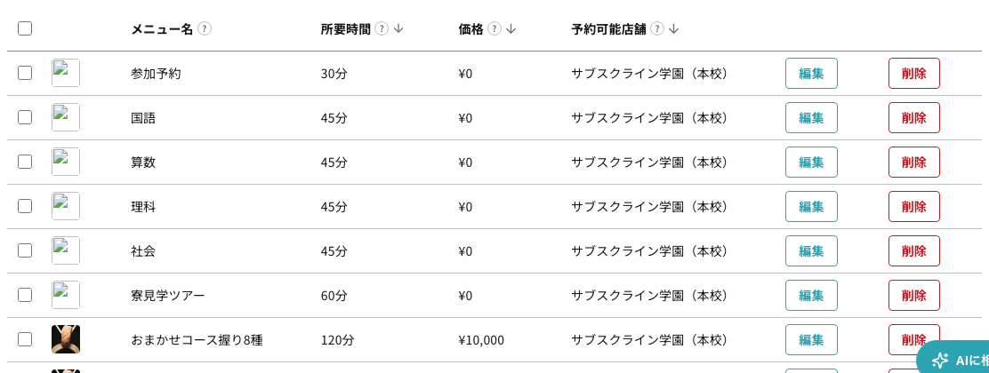 メニュー一覧の表(メニュー名・所要時間・価格・予約可能店舗・編集・削除)